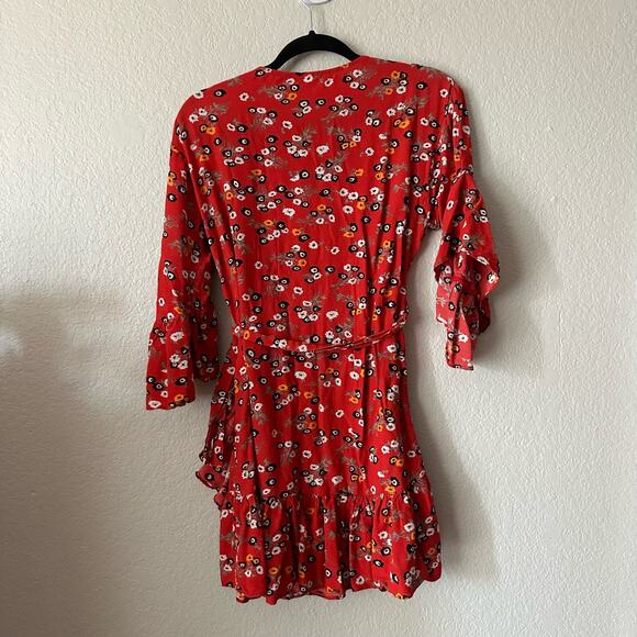 Maje Rahimi Floral Short Sleeve Ruffle Wrap Mini Dress Red Size 1 - Picture 9 of 9